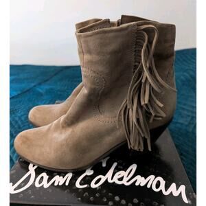 Sam Edelman Louie Women's Tan Suede Fringe Ankle Booties Zips Size 10 M Boho